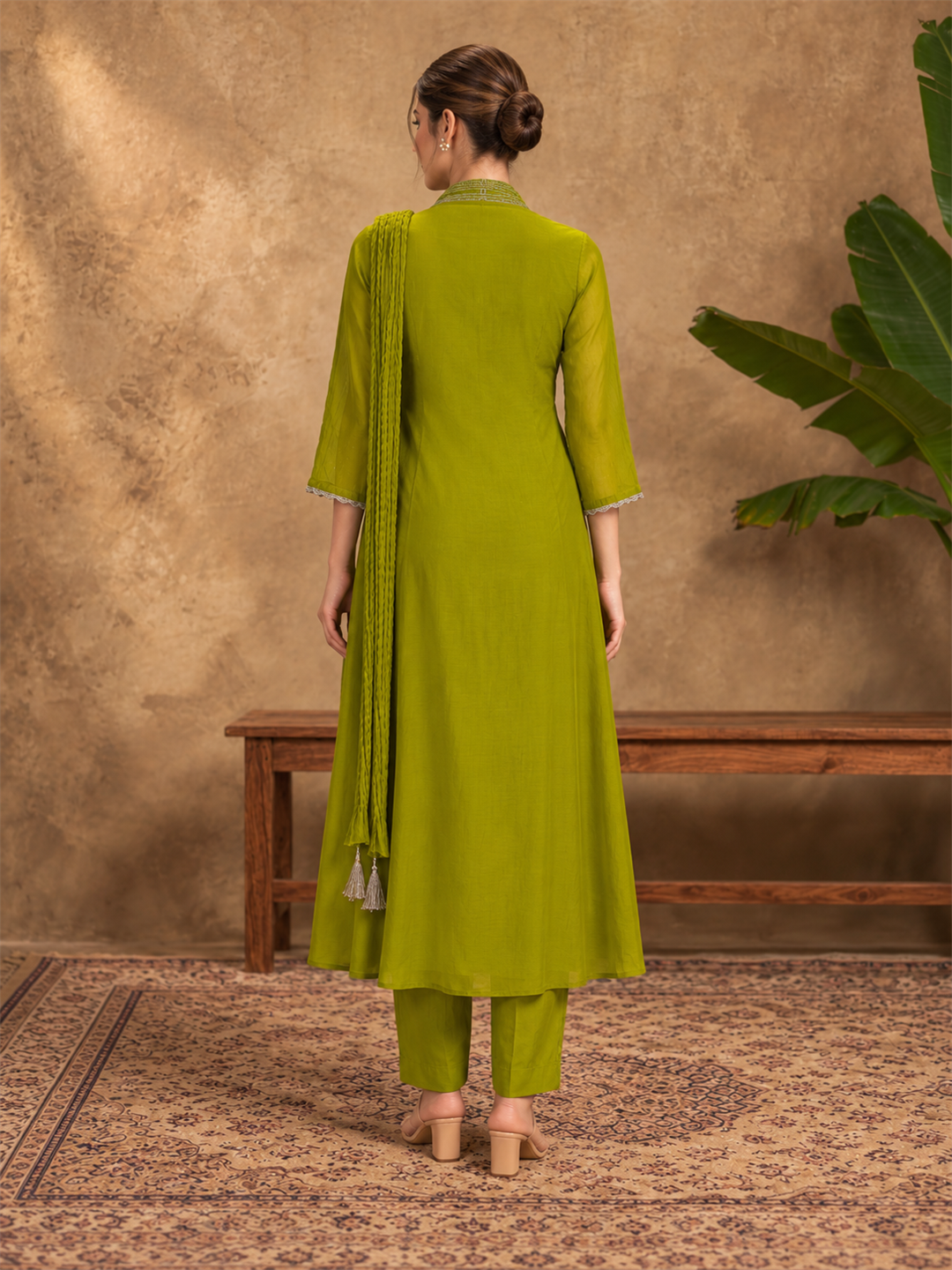 Green Mul Chanderi Embroidered Kurta Pant Set with Dupatta