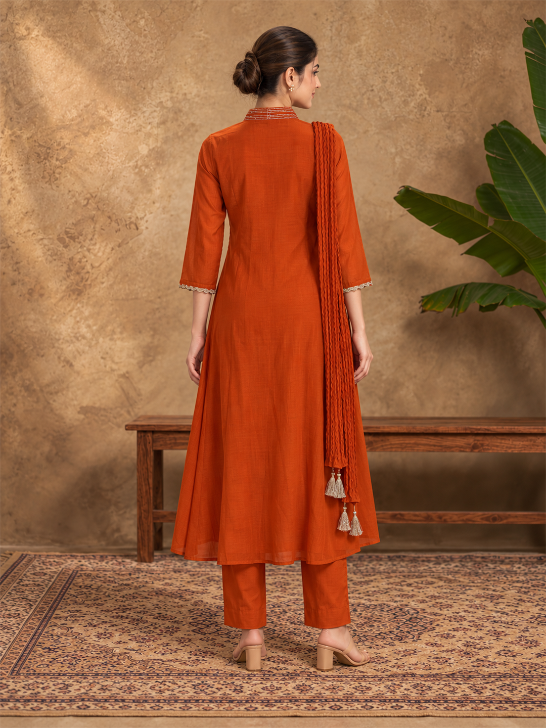 Rust Orange Mul Chanderi Embroidered Kurta Pant Set with Dupatta