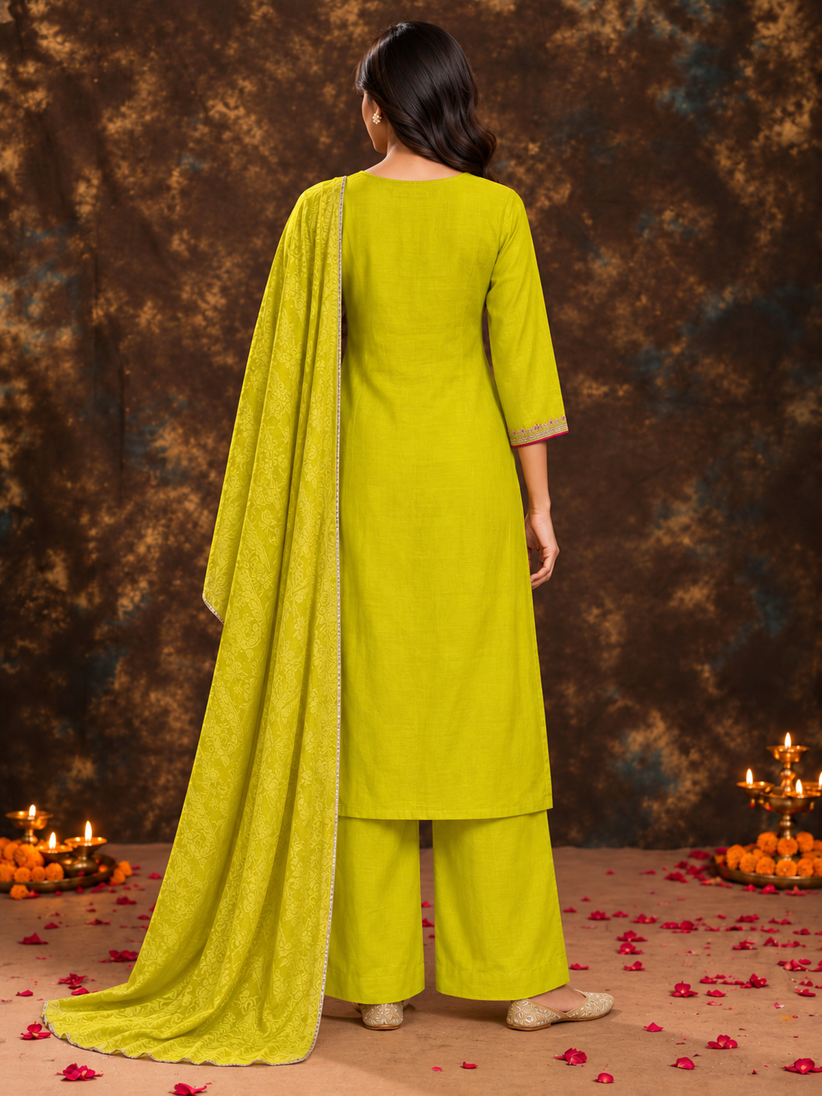 Lime Yellow Silk Blend Floral Embroidered Kurta Trouser Set with Dupatta & Inner