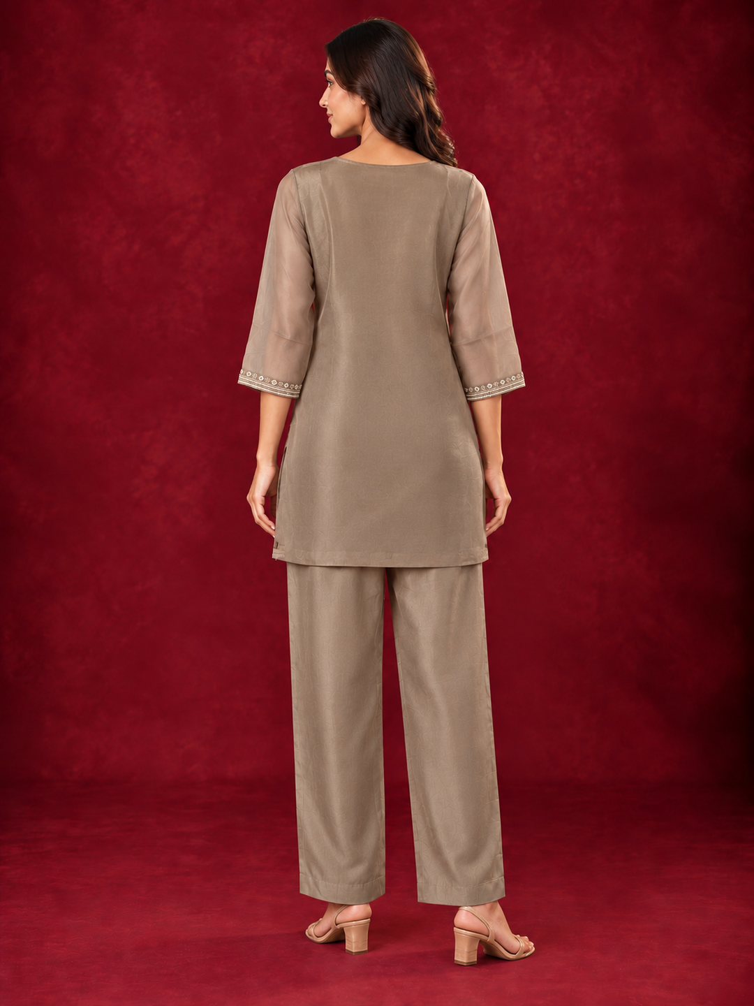 Taupe Brown Mul Chanderi Floral Embroidered Straight Kurta Set