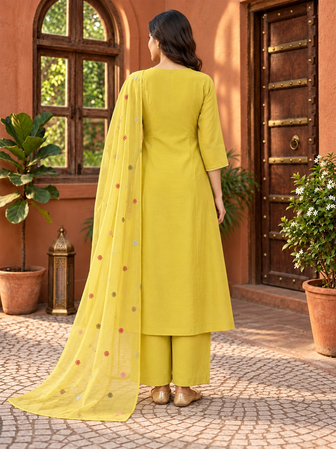 Yellow Floral Embroidered Mul Chanderi Suit Set