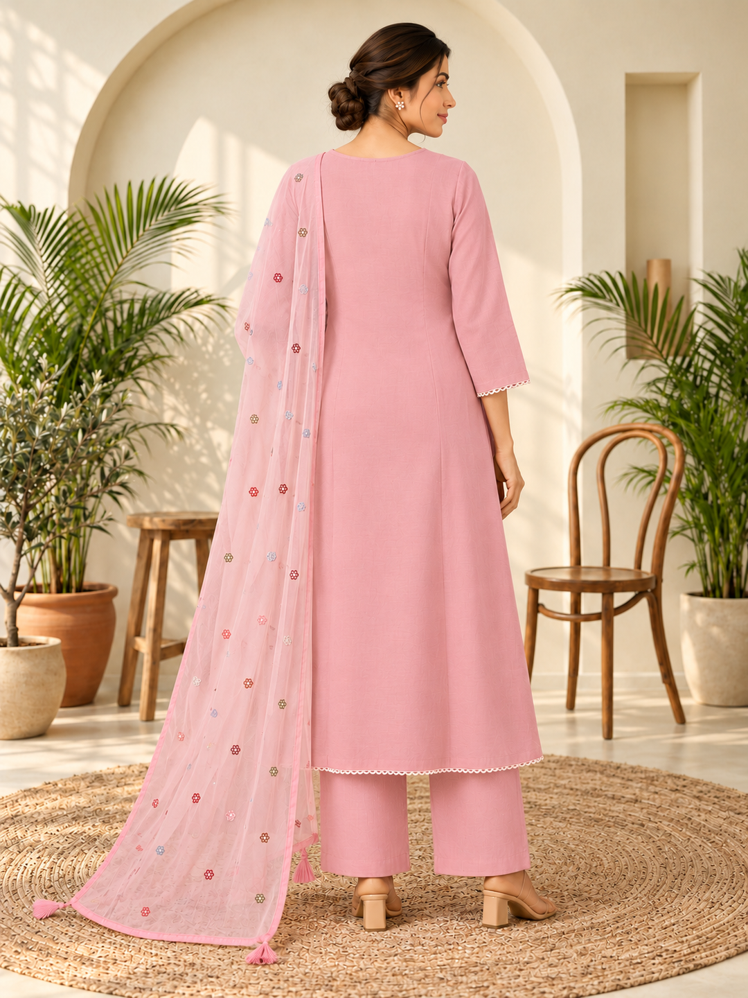 Pink Floral Embroidered Mul Chanderi Straight Kurta Trouser Set with Dupatta