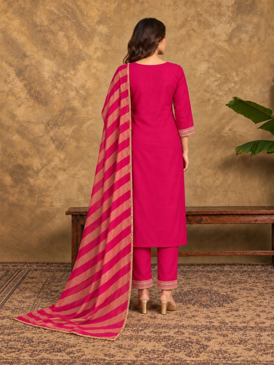 Pink Jacquard Kurta Set with Striped Dupatta
