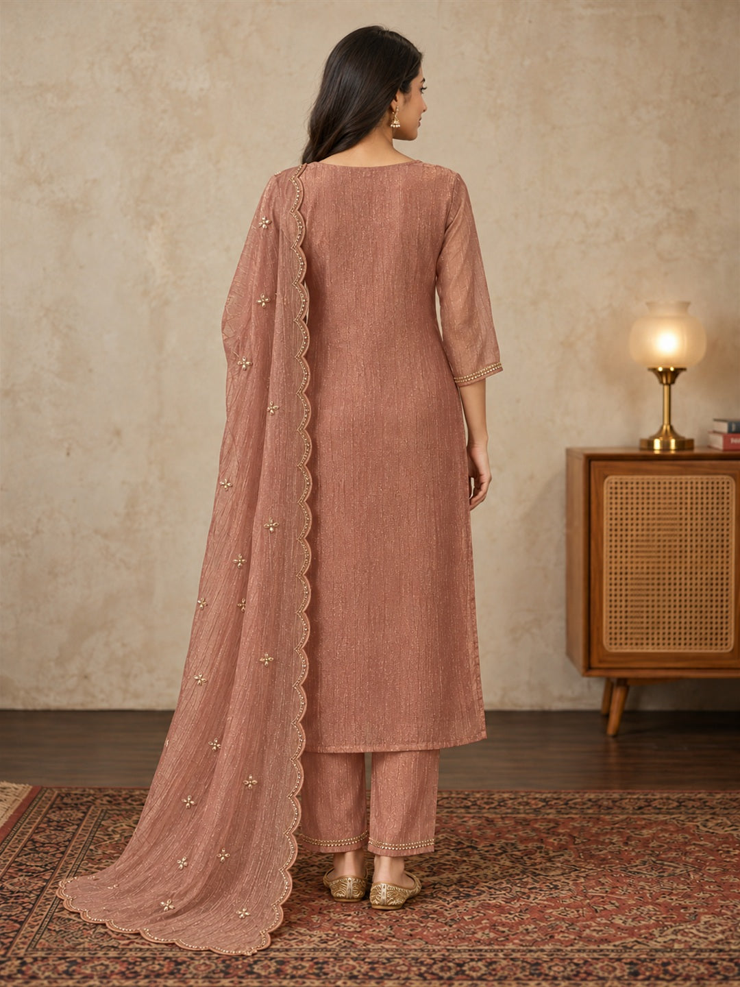 Dusty Rose Floral Embroidered Poly Silk Suit Set