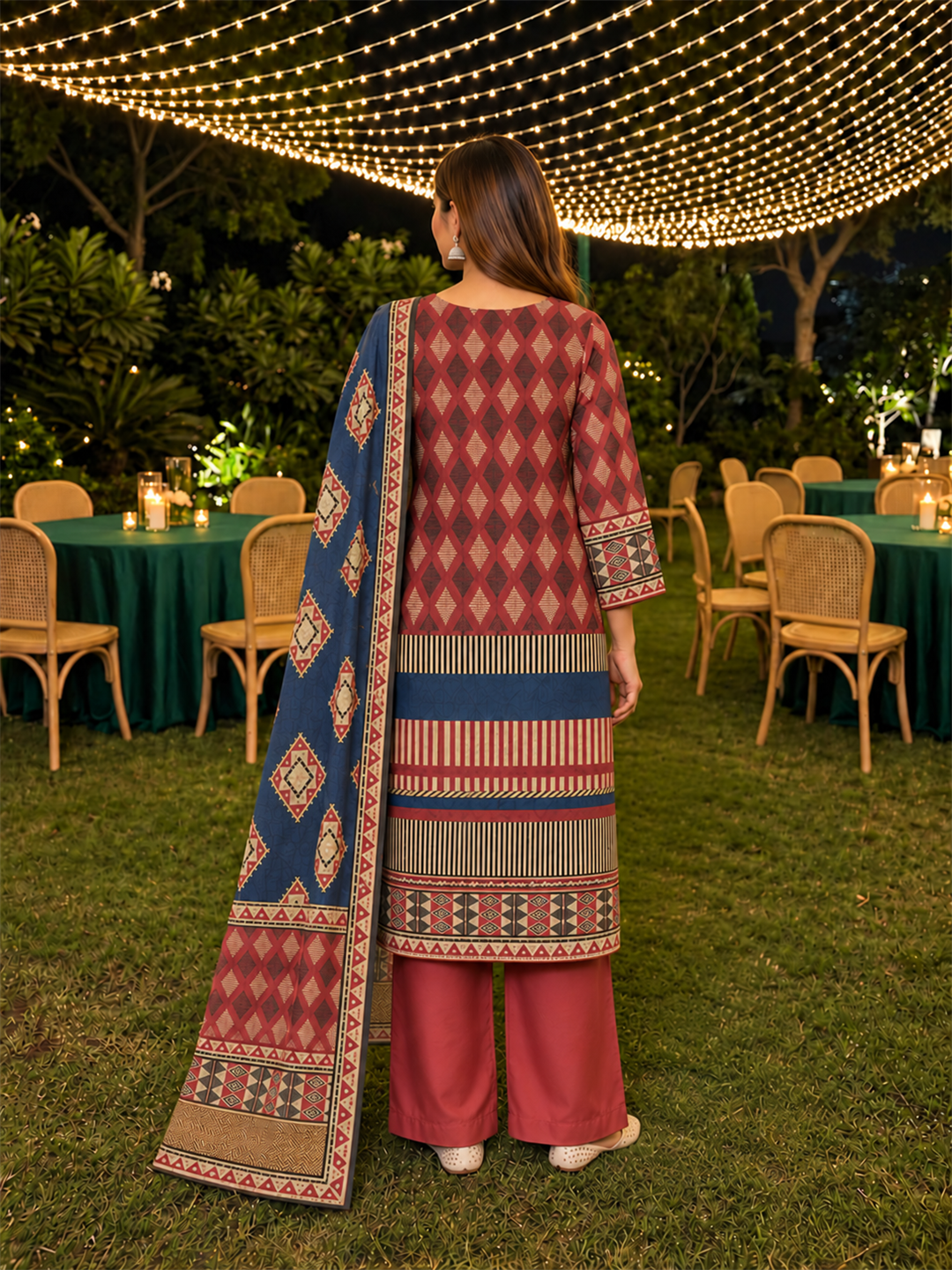 Red & Navy Blue Geometric Printed Silk Blend Straight Kurta Trouser Set with Dupatta