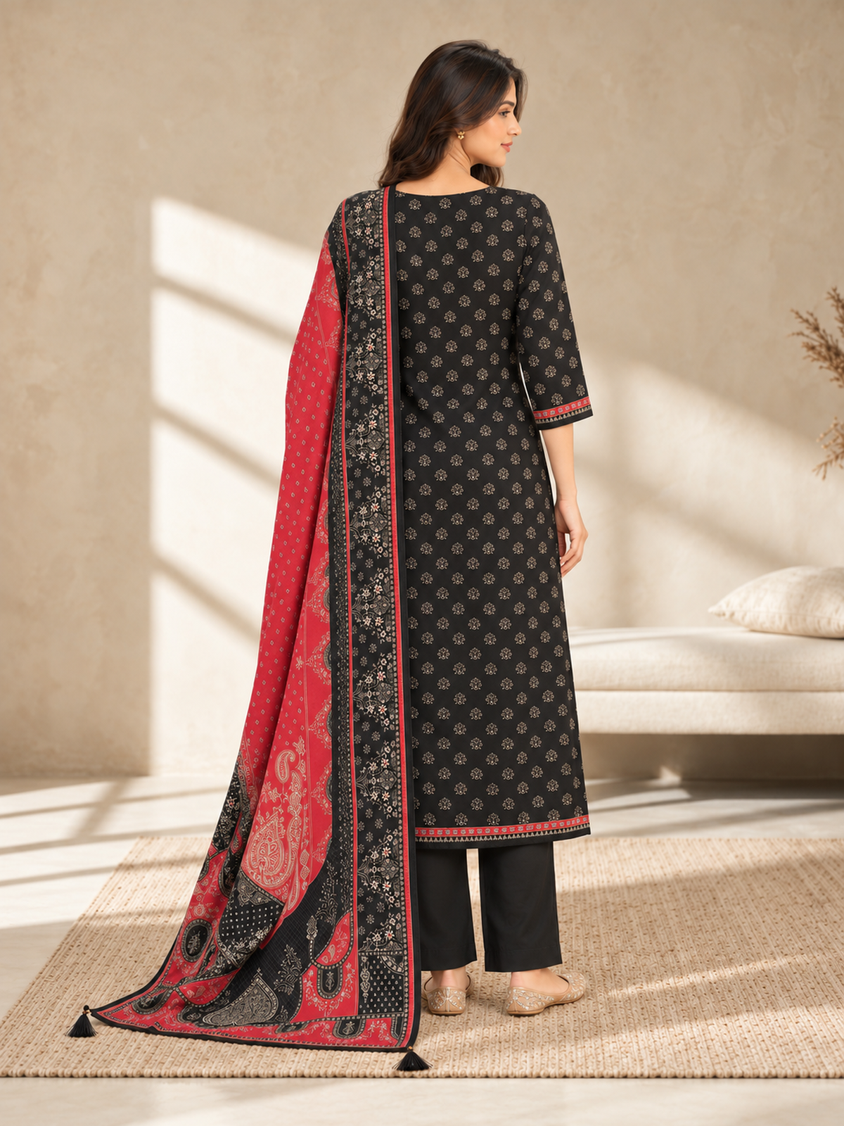 Black Silk Blend Printed Kurta Pant Set with Red Dupatta