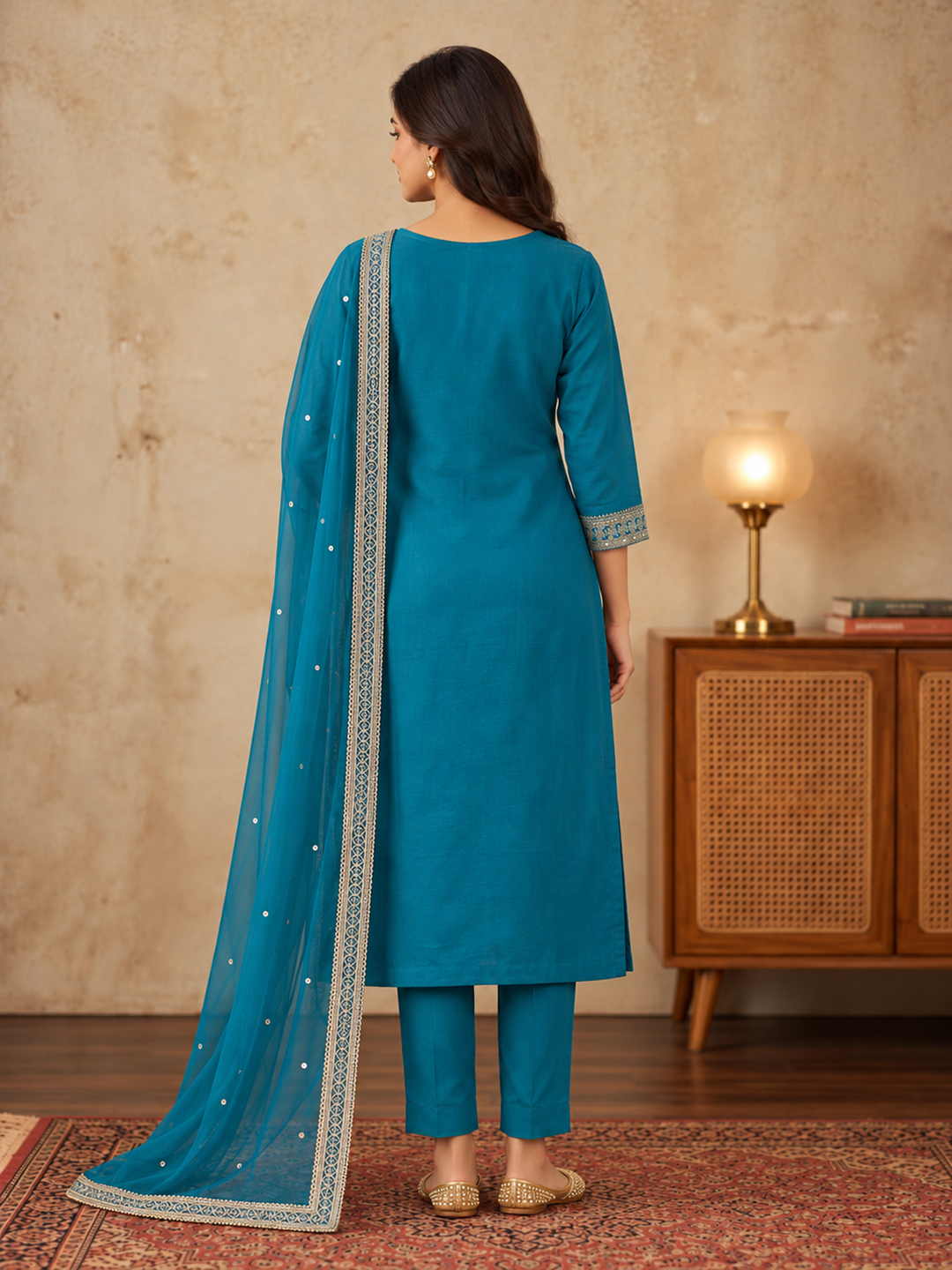 Teal Blue Embroidered Silk Blend Kurta Set with Dupatta