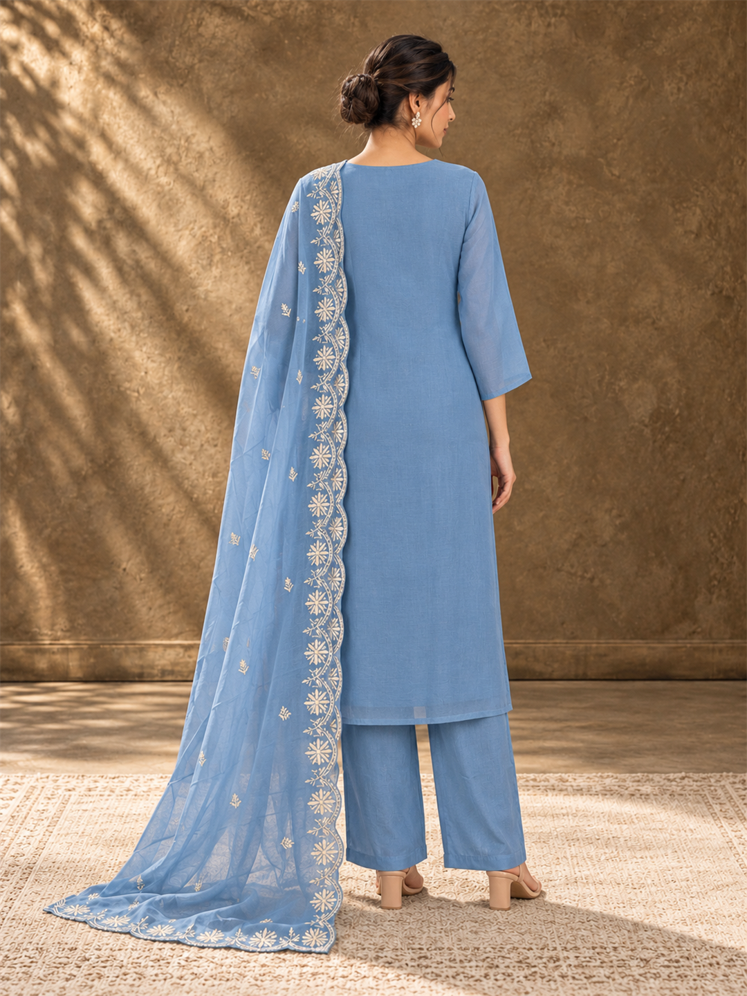 Powder Blue Embroidered Mul Chanderi Kurta Palazzo Set with Dupatta