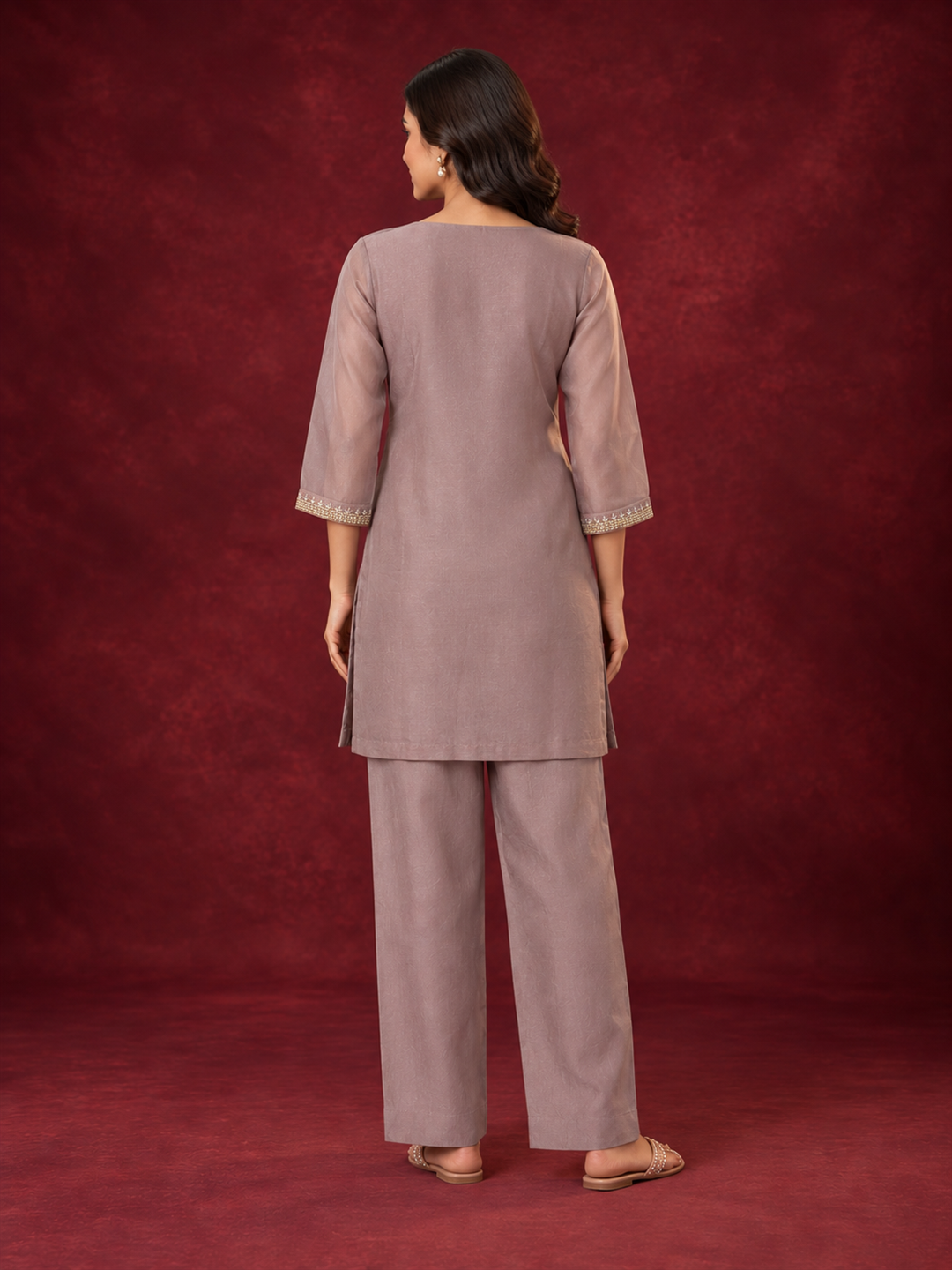 Dusty Mauve Mul Chanderi Floral Embroidered Straight Kurta Set