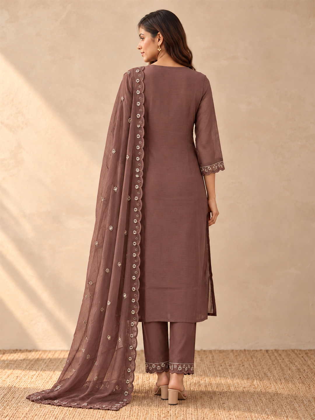 Brown Mul Chanderi Embroidered Straight Kurta Set with Dupatta