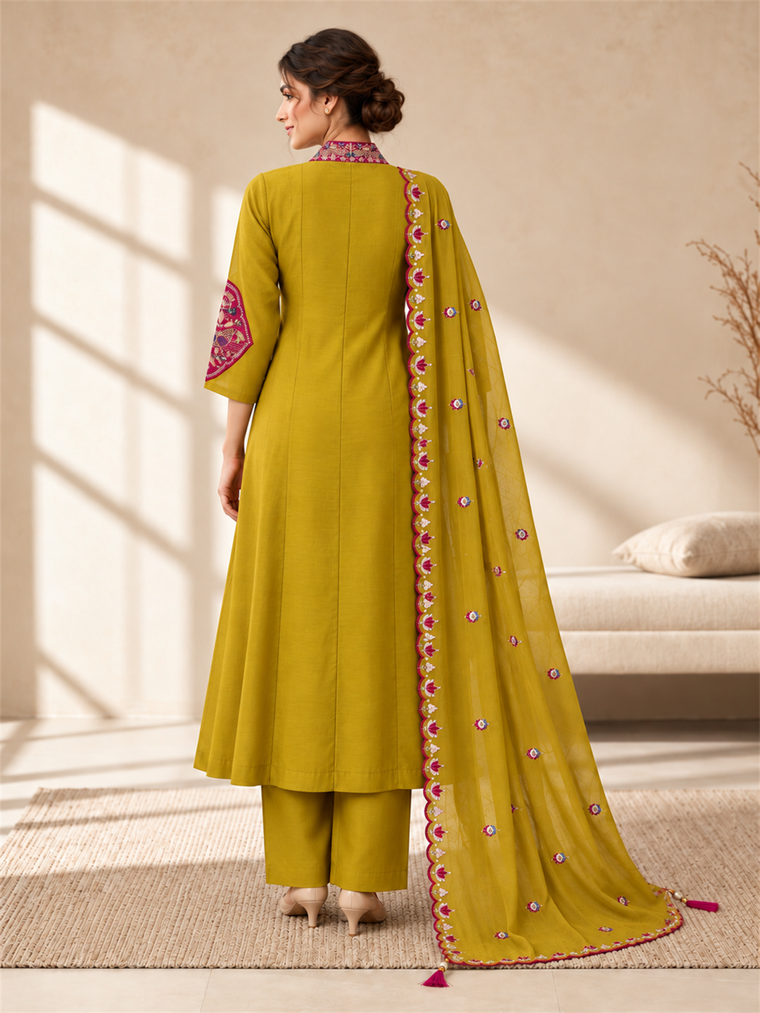 Mustard Chanderi Silk Embroidered Anarkali Suit Set with Dupatta