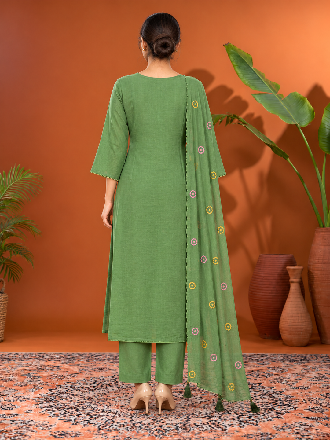 Sage Green Floral Embroidered Mul Chanderi Kurta Set with Dupatta