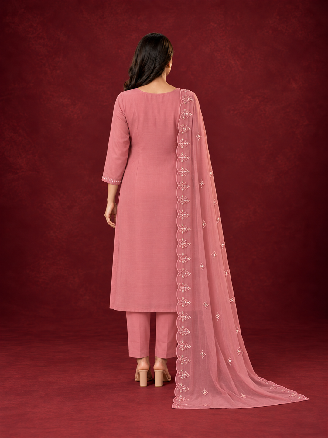 Dusty Rose Embroidered Silk Blend Suit Set with Scalloped Dupatta