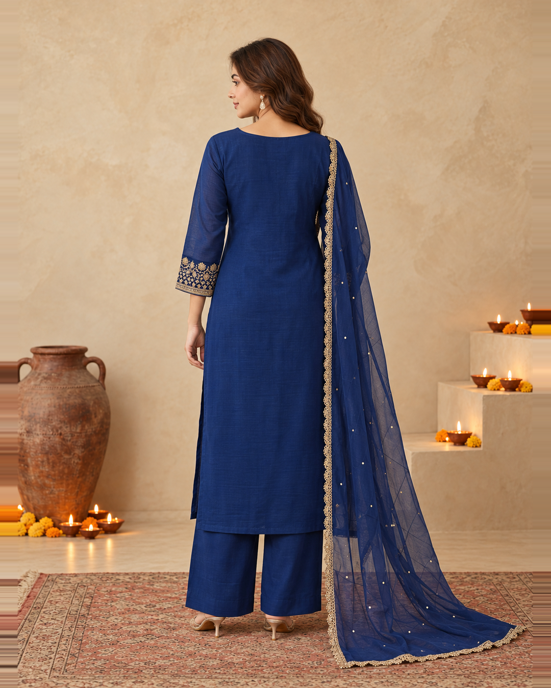 Royal Blue Silk Blend Golden Embroidered Kurta Trouser Set with Dupatta & Inner