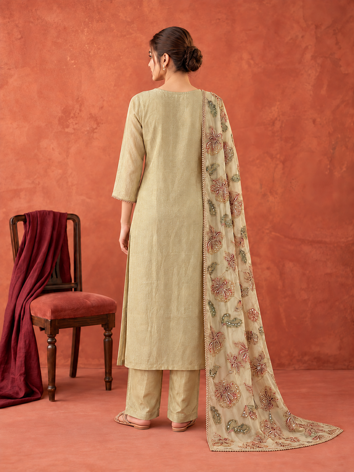 Light Olive Gold Embroidered Pure Silk Suit Set