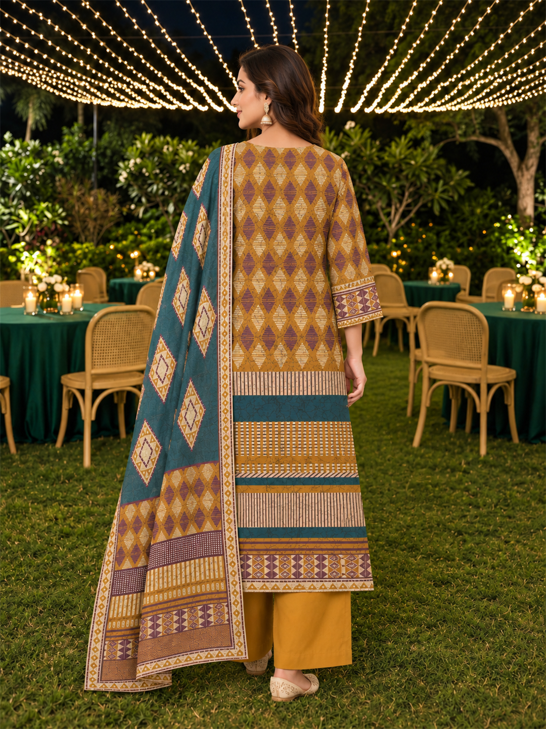 Mustard & Teal Green Geometric Printed Silk Blend Straight Kurta Trouser Set with Dupatta