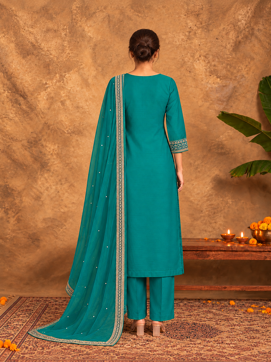 Teal Blue Embroidered Silk Blend Straight Suit Set