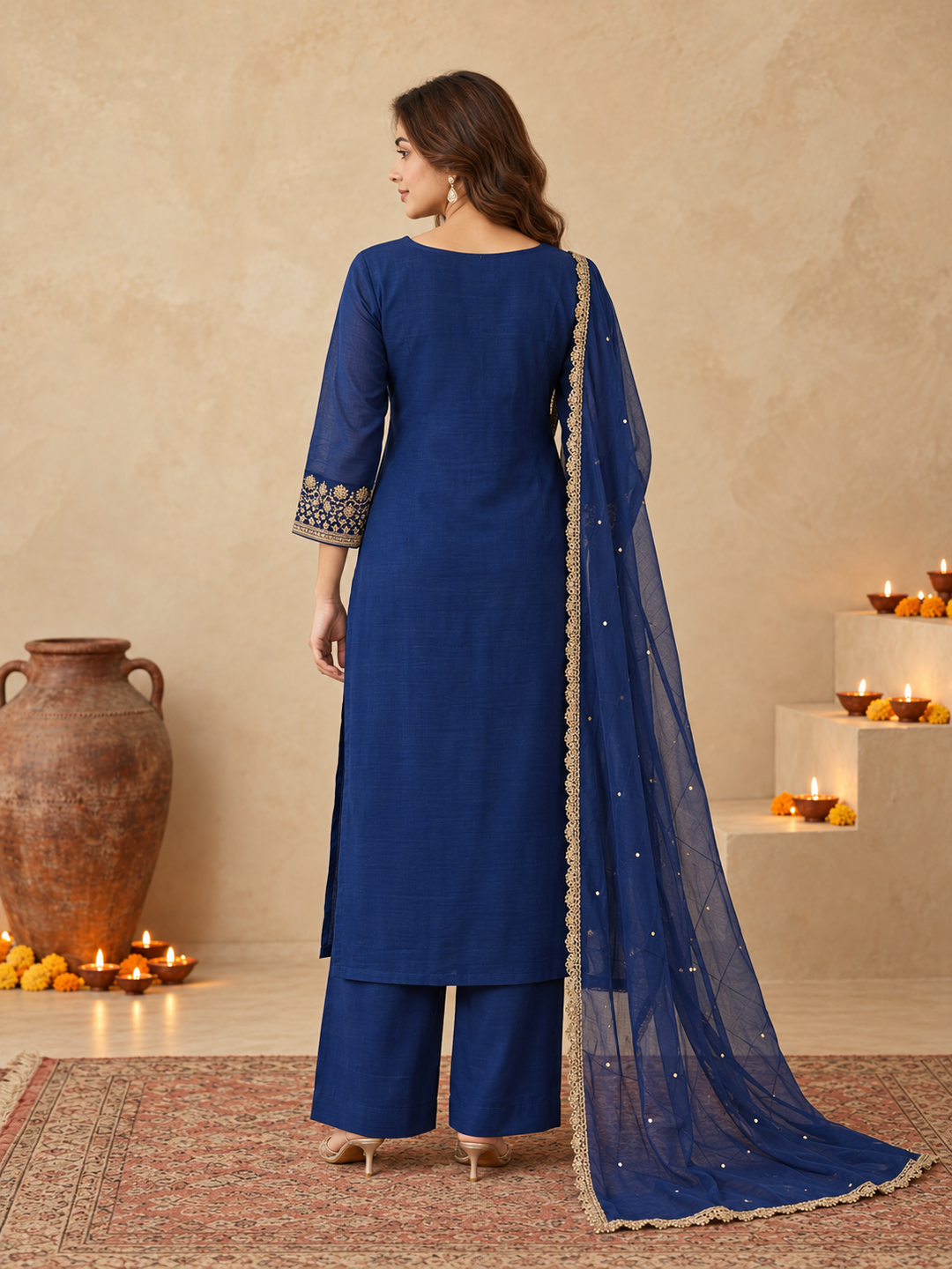 Royal Blue Silk Blend Golden Embroidered Kurta Trouser Set with Dupatta & Inner