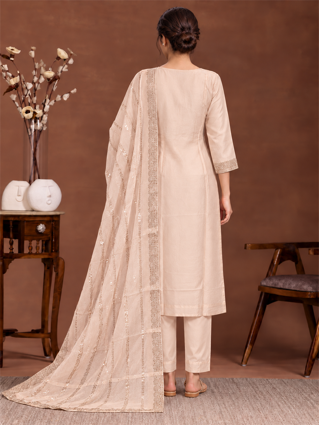 Peach Beige Floral Silk Blend Suit Set with Dupatta