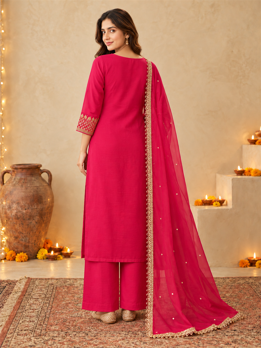 Rani Pink Silk Blend Golden Embroidered Kurta Trouser Set with Dupatta & Inner