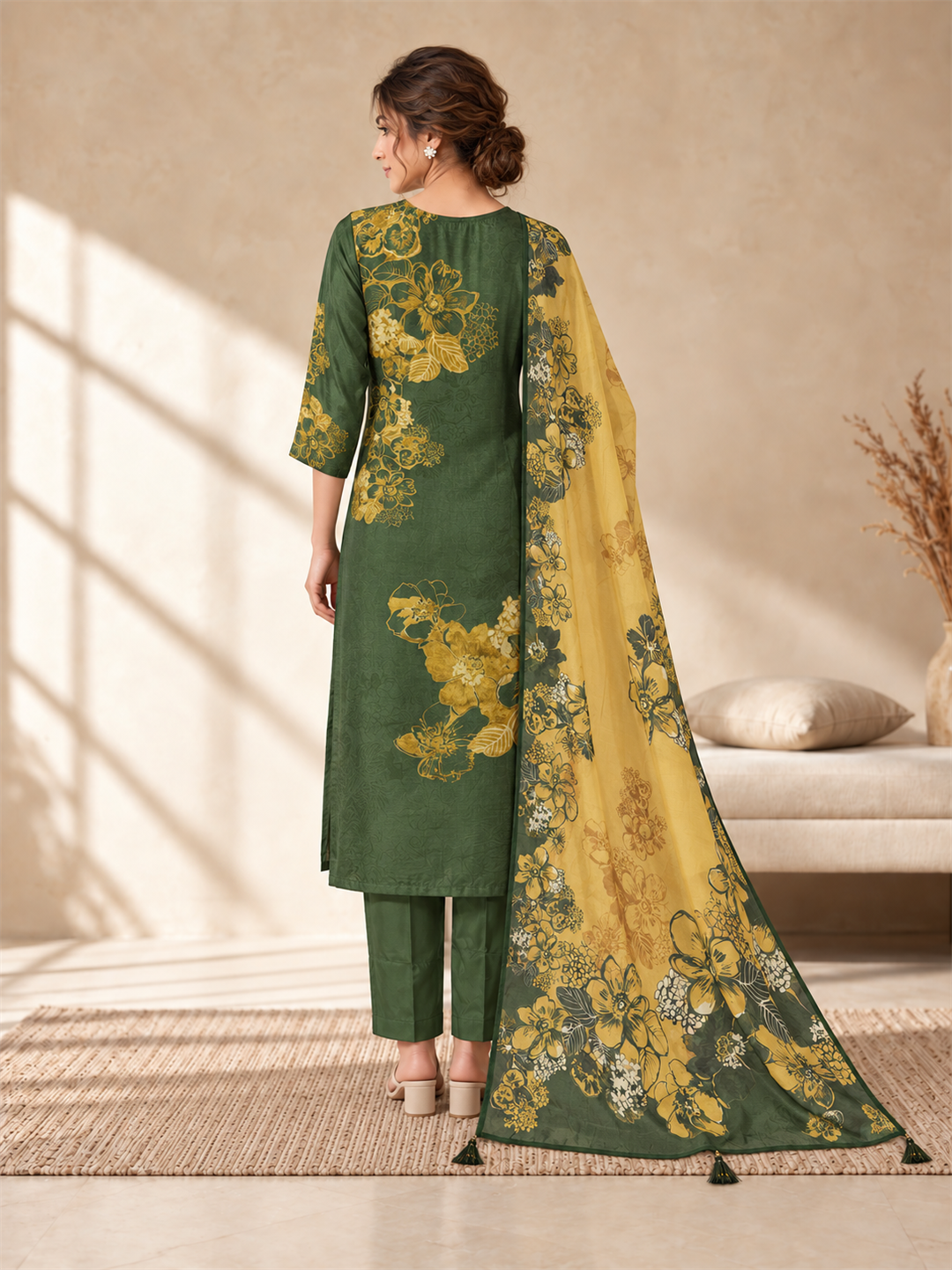 Green Floral Printed Kurta Set with Dupatta