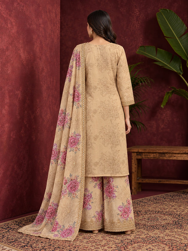 Beige Floral Embroidered Pure Silk Palazzo Suit Set