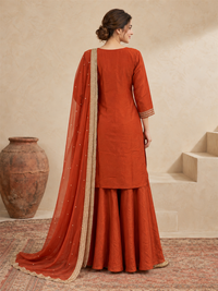 Rust Embroidered Silk Blend Sharara Suit with Dupatta