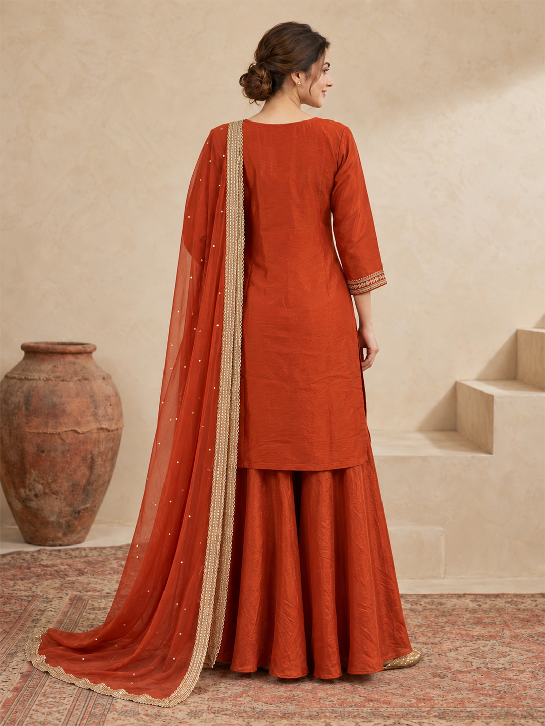 Rust Embroidered Silk Blend Sharara Suit with Dupatta