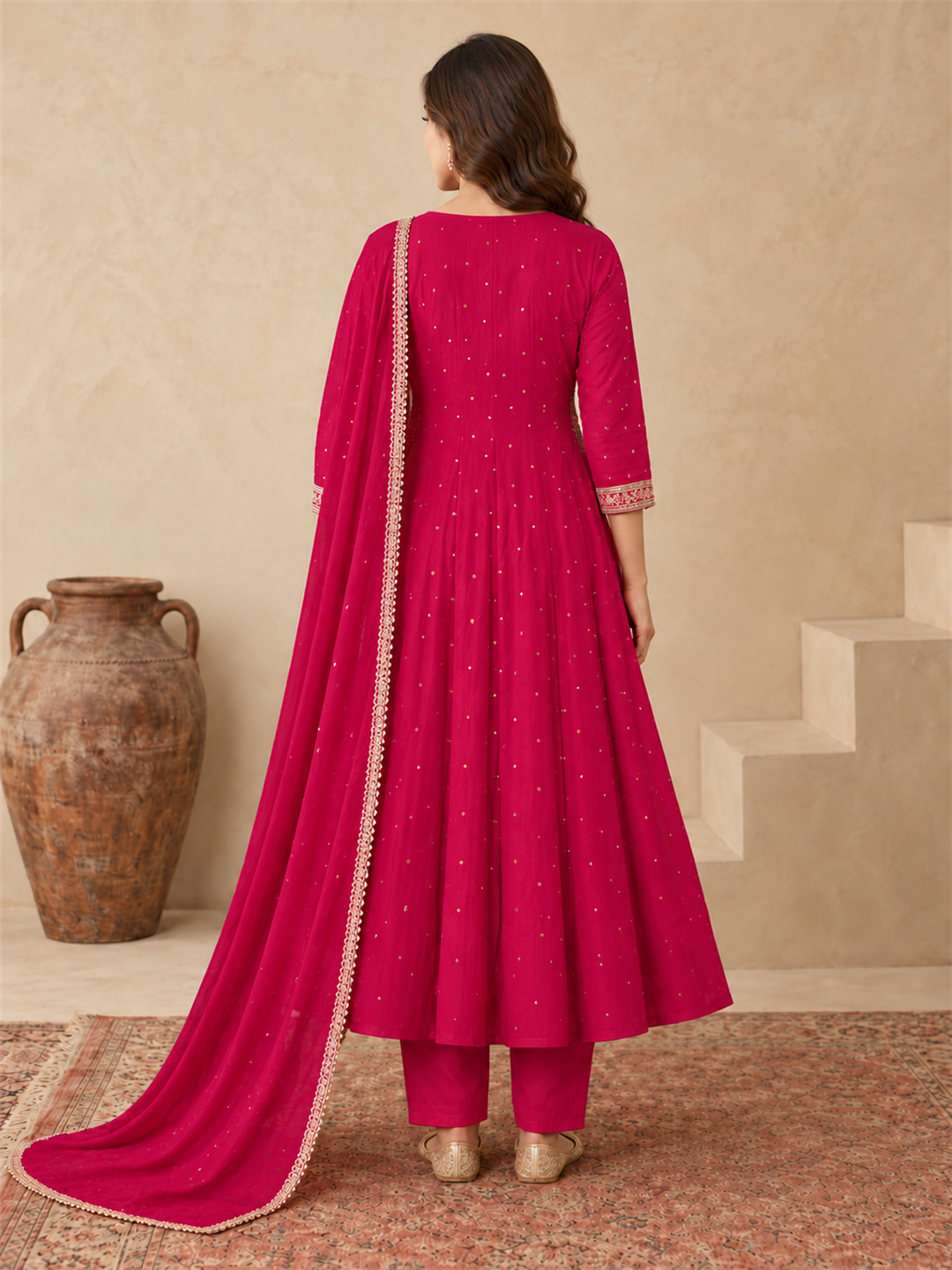 Rani Pink Chanderi Silk Golden Embroidered Anarkali Kurta Pant Set with Dupatta