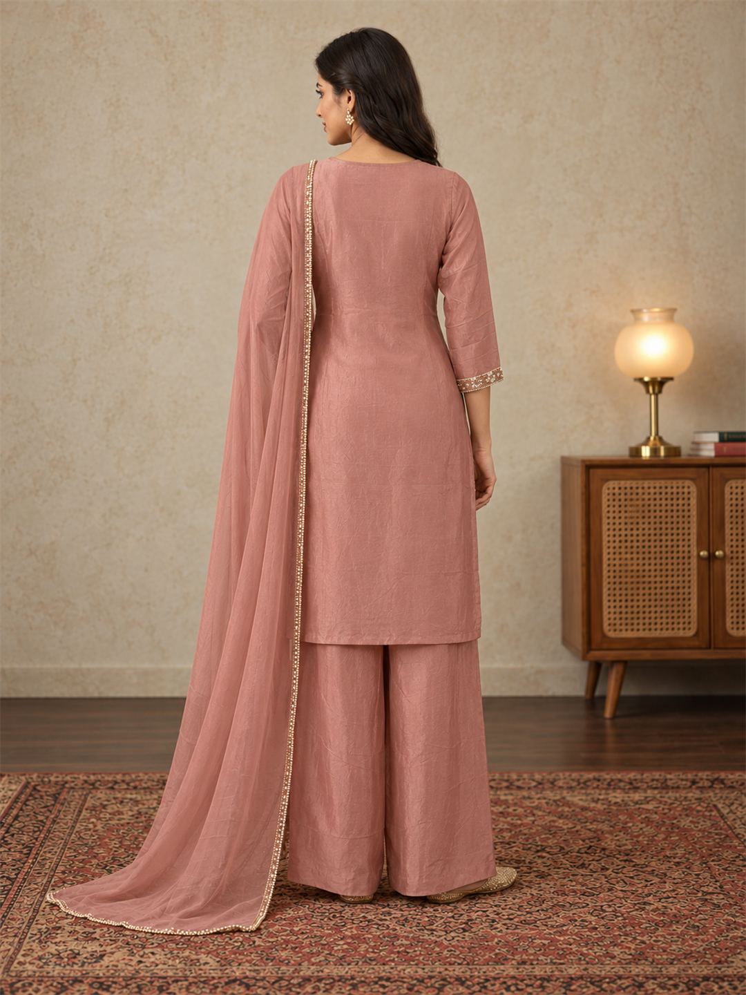 Dusty Rose Embroidered Chinon Palazzo Suit Set