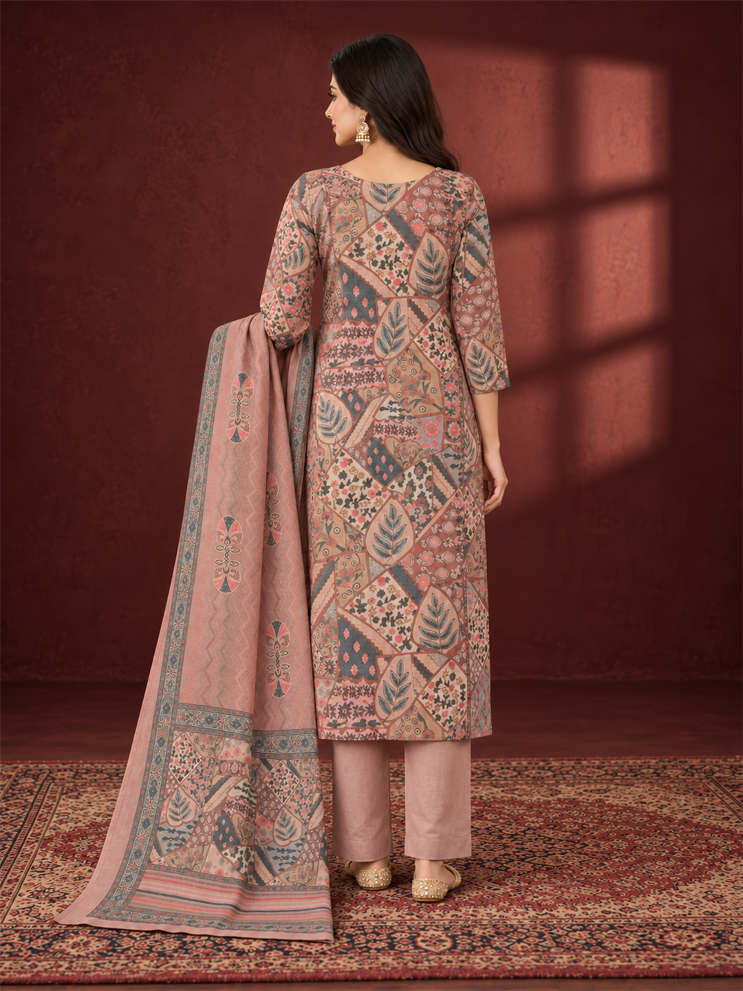 Dusty Rose Pink Floral Embroidered Mul Chanderi Straight Kurta Trouser Set with Printed Dupatta