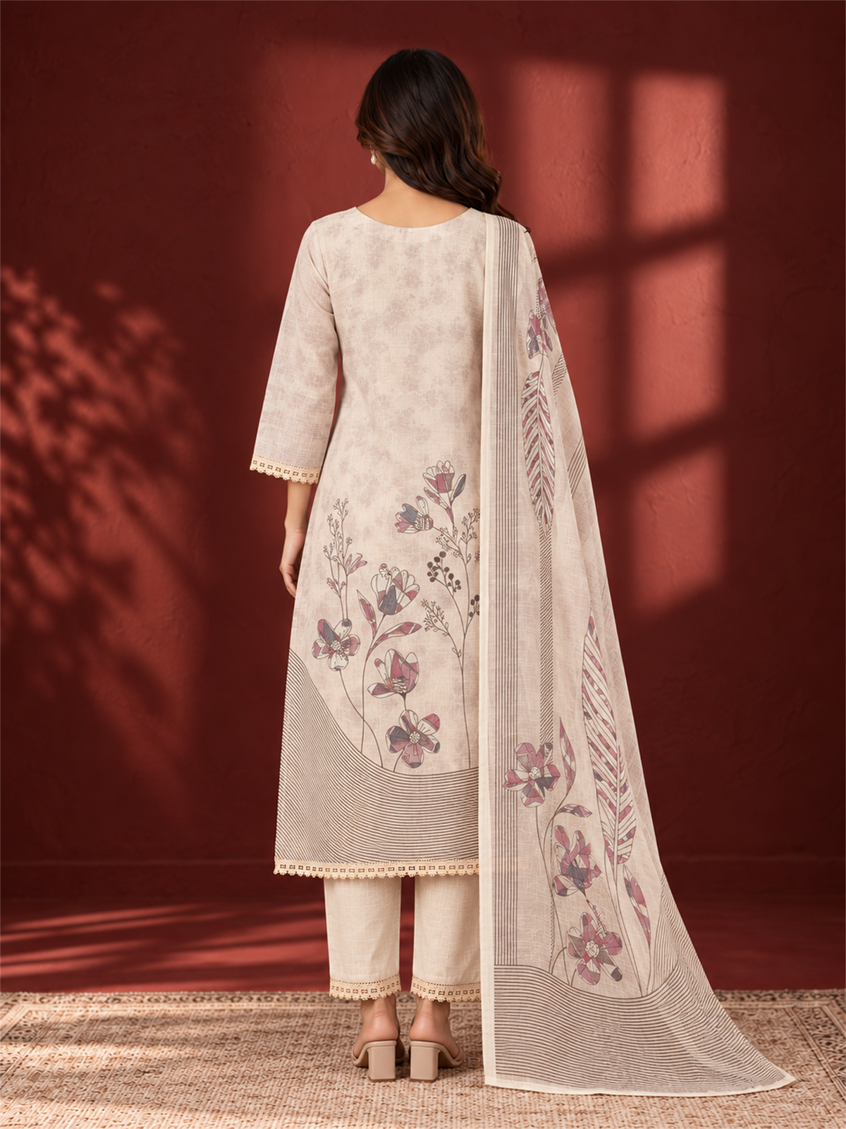 Ivory Cream Floral Printed Mul Chanderi Kurta Set with Dupatta