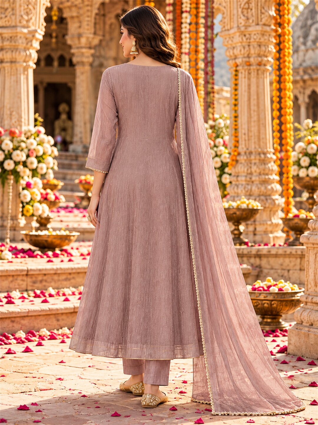 Dusty Mauve Embroidered Poly Silk Anarkali Suit Set with Dupatta