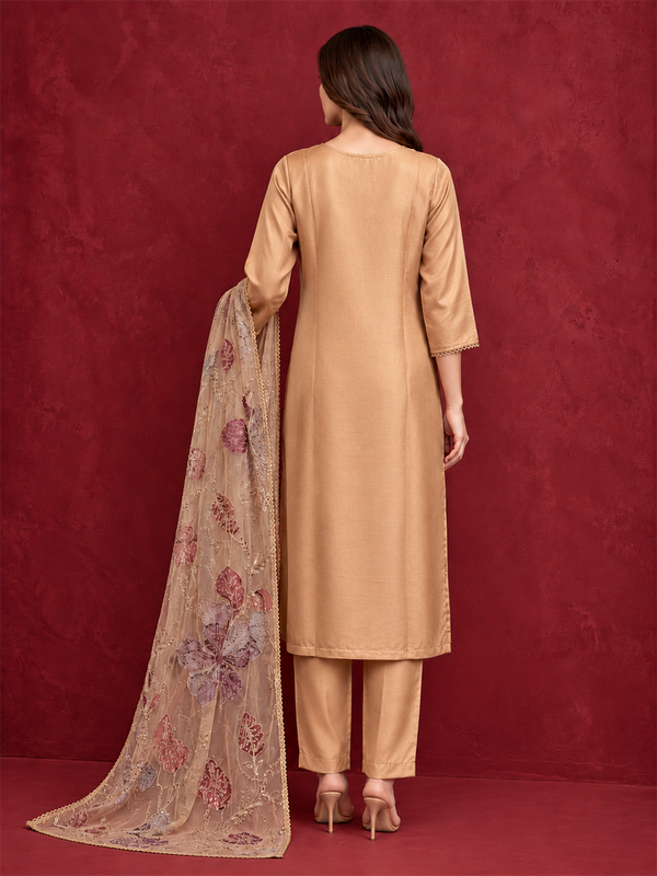 Champagne Gold Embroidered Pure Silk Suit Set