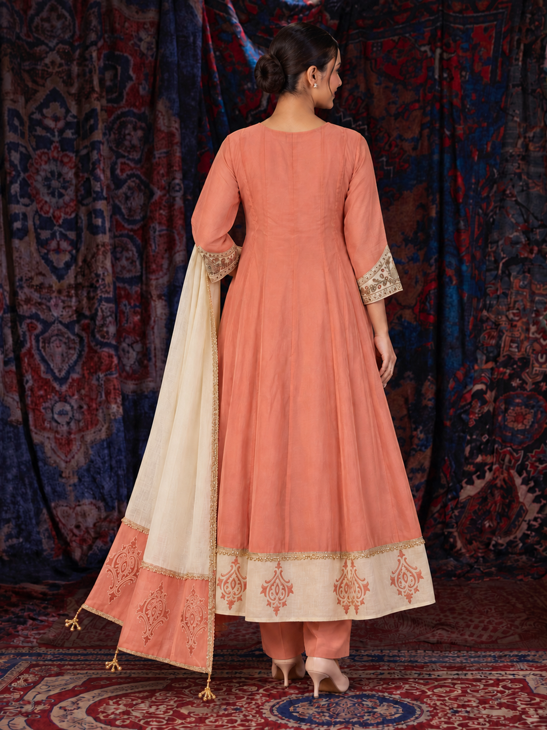 Peach Mul Chanderi Anarkali Suit Set with Embroidered Neckline and Dupatta