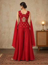 Red Embroidered Silk Sharara Set with Cape Dupatta