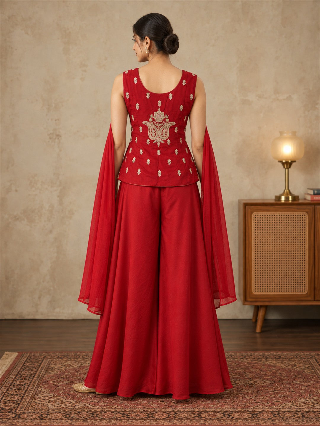Red Embroidered Silk Sharara Set with Cape Dupatta