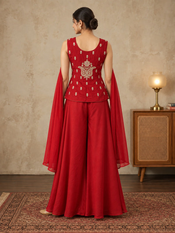 Red Embroidered Silk Sharara Set with Cape Dupatta
