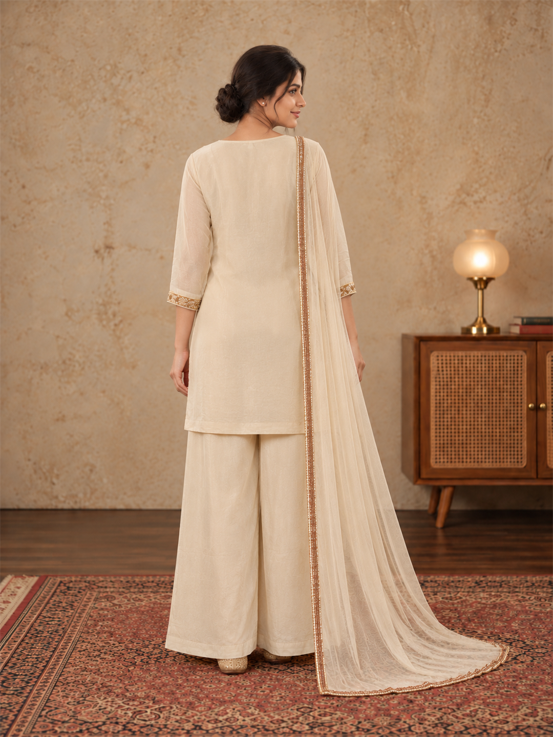 Ivory Gold Embroidered Chinon Palazzo Suit Set