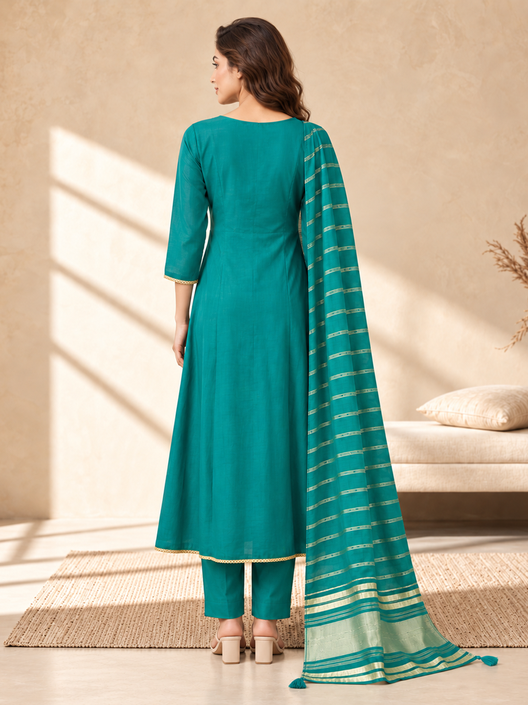 Teal Chanderi Silk Embroidered Anarkali Suit with Striped Dupatta
