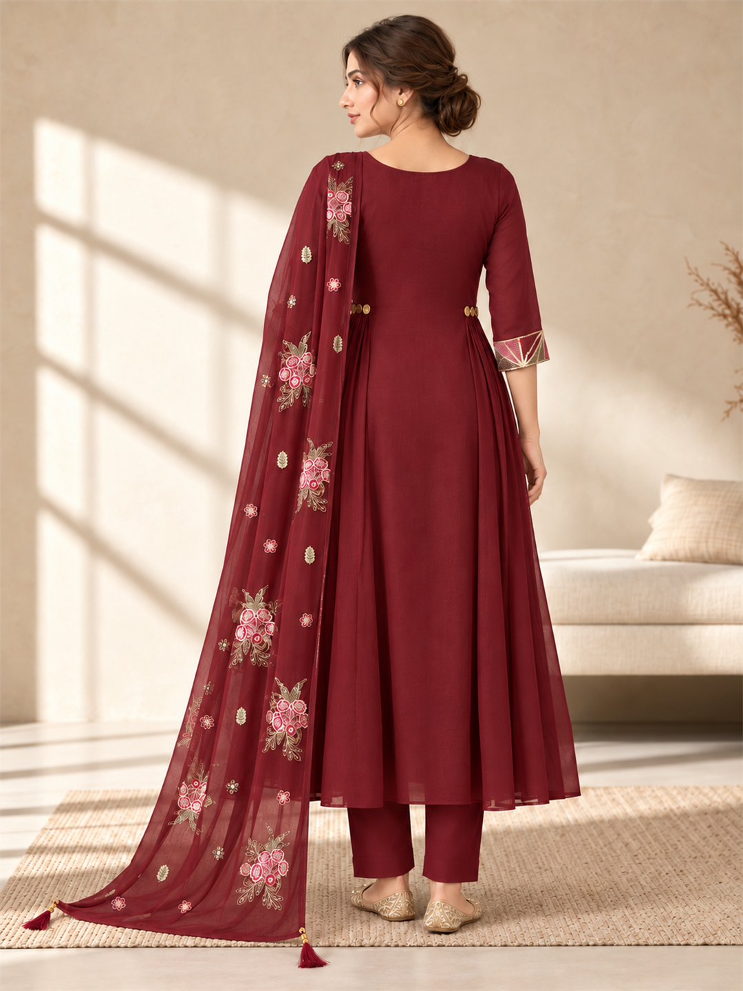 Maroon Floral Embroidered Viscose Rayon Suit Set