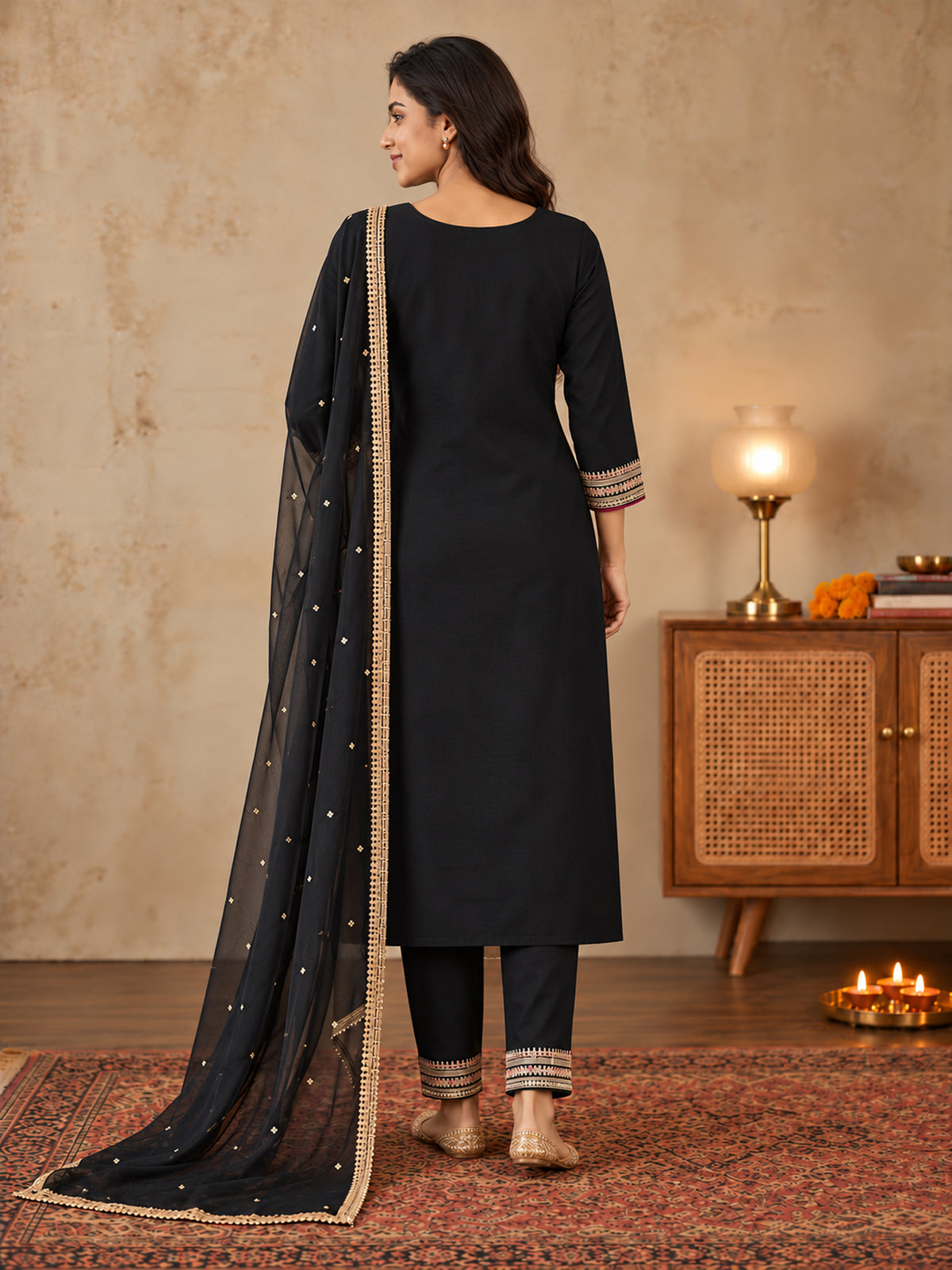 Black Embroidered Silk Blend Straight Suit Set