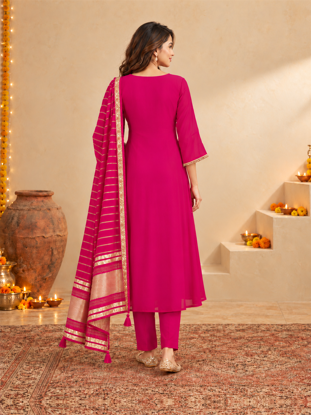 Fuchsia Pink Mul Chanderi Embroidered Kurta Pant Set with Dupatta