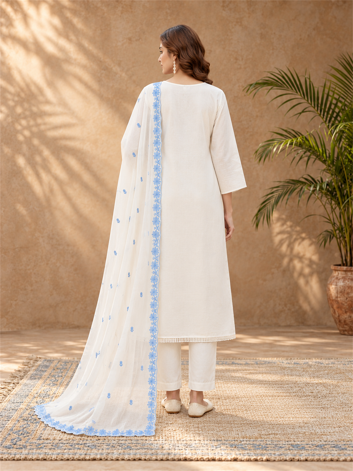 Ivory White & Sky Blue Embroidered Mul Chanderi Kurta Set with Dupatta