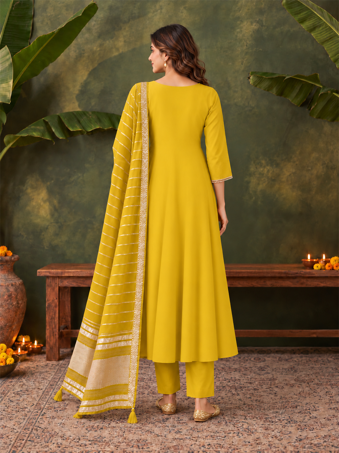 Mustard Chanderi Silk Anarkali Suit Set with Embroidered Dupatta
