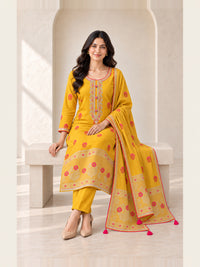 Women's Yellow Chanderi Cotton Embroidered Kurta With Trouser And Dupatta