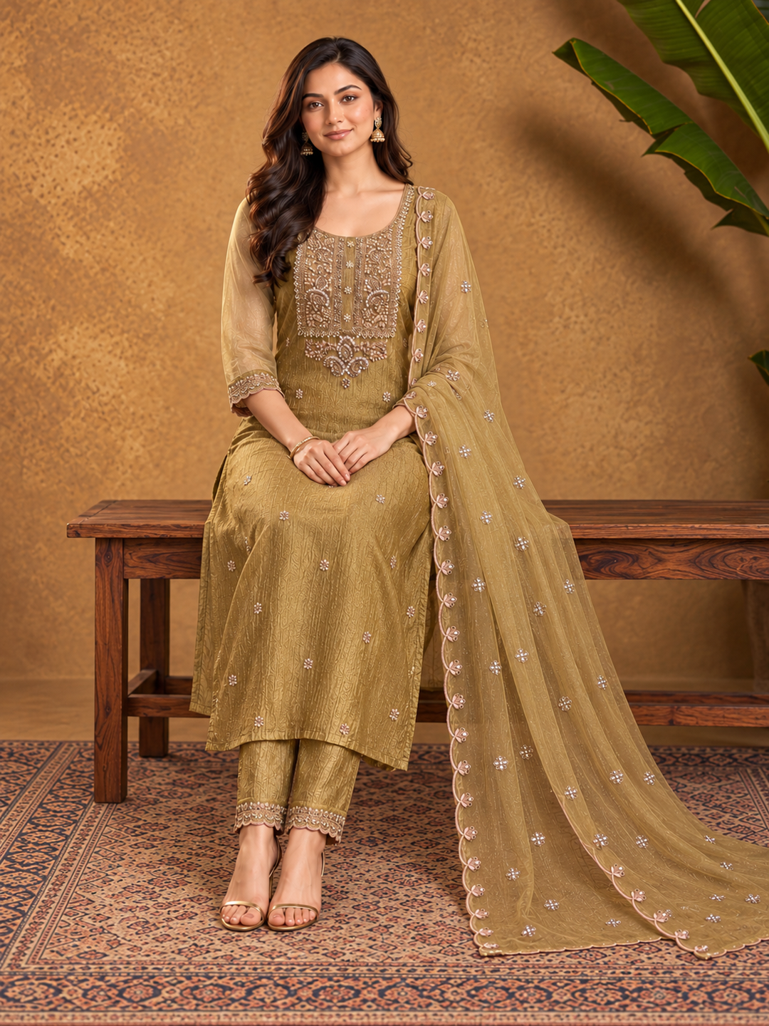 Antique Gold Embroidered Poly Silk Suit Set