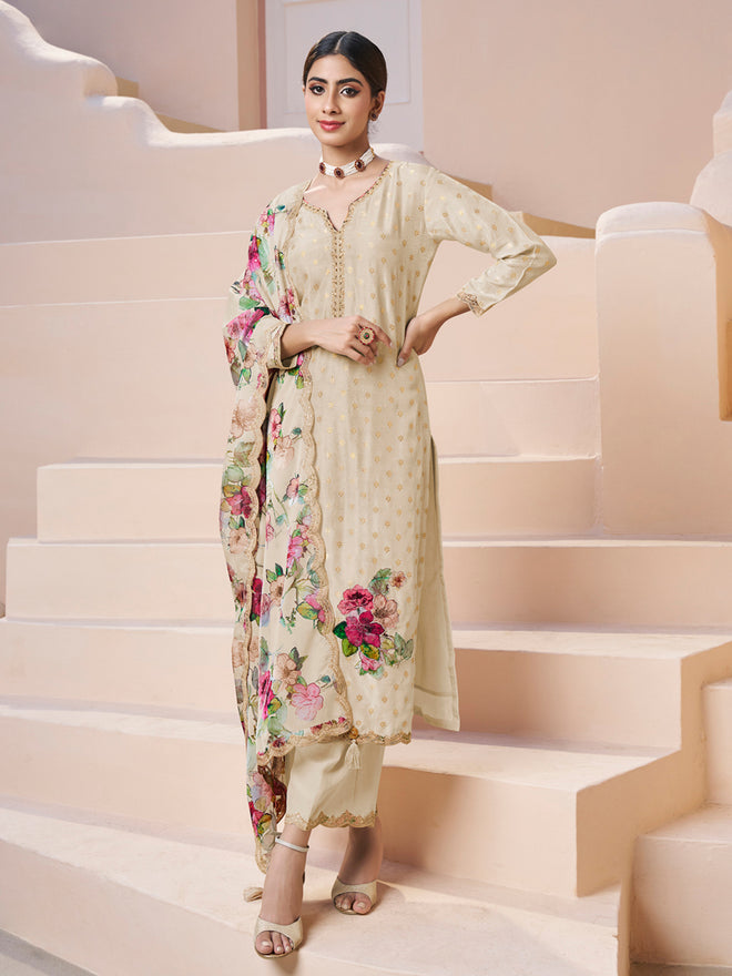 Cream Applique Jacquard Kurta Set with Floral Print Dupatta