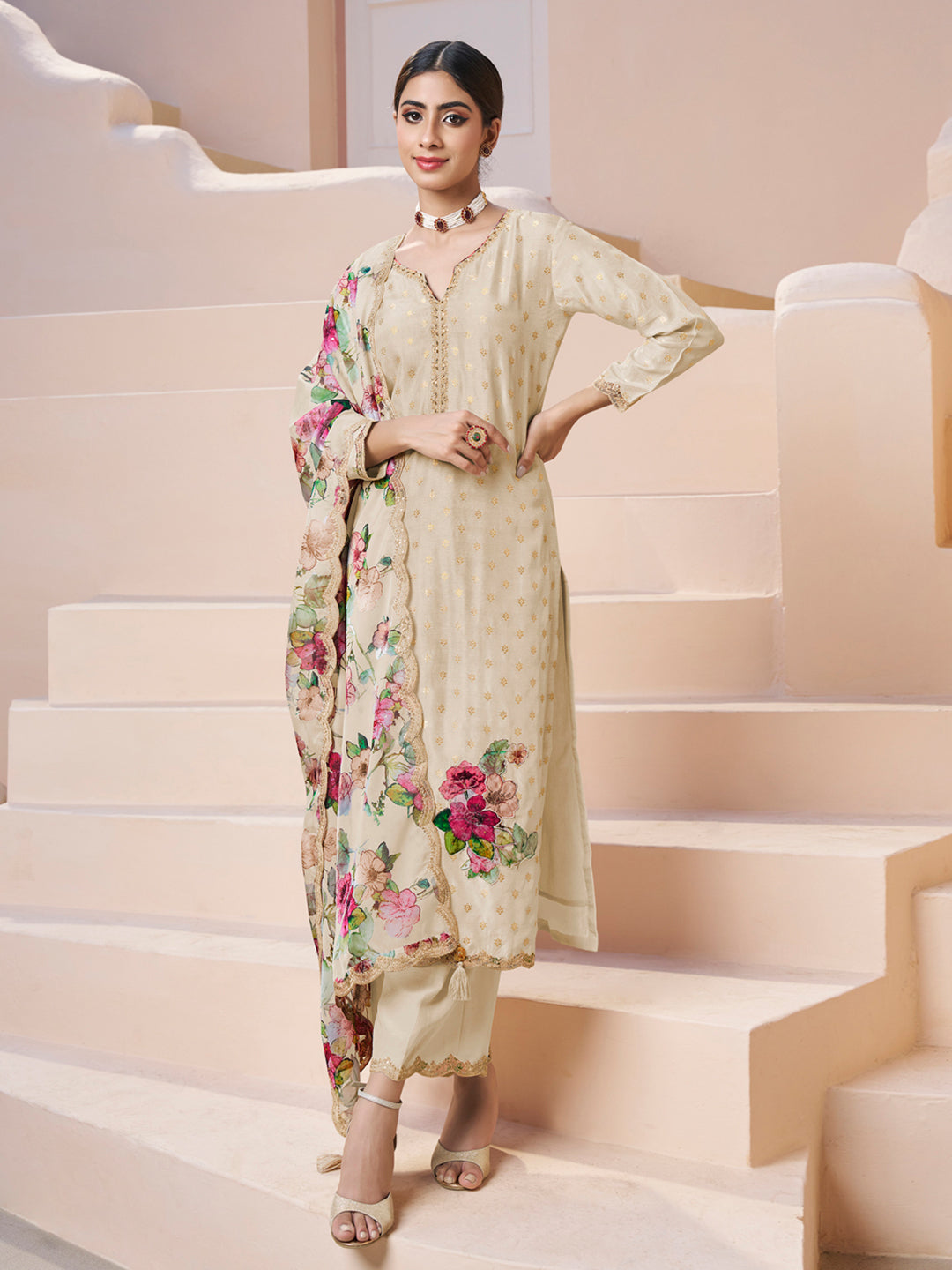 Cream Applique Jacquard Kurta with Floral Print Dupatta Product vendor