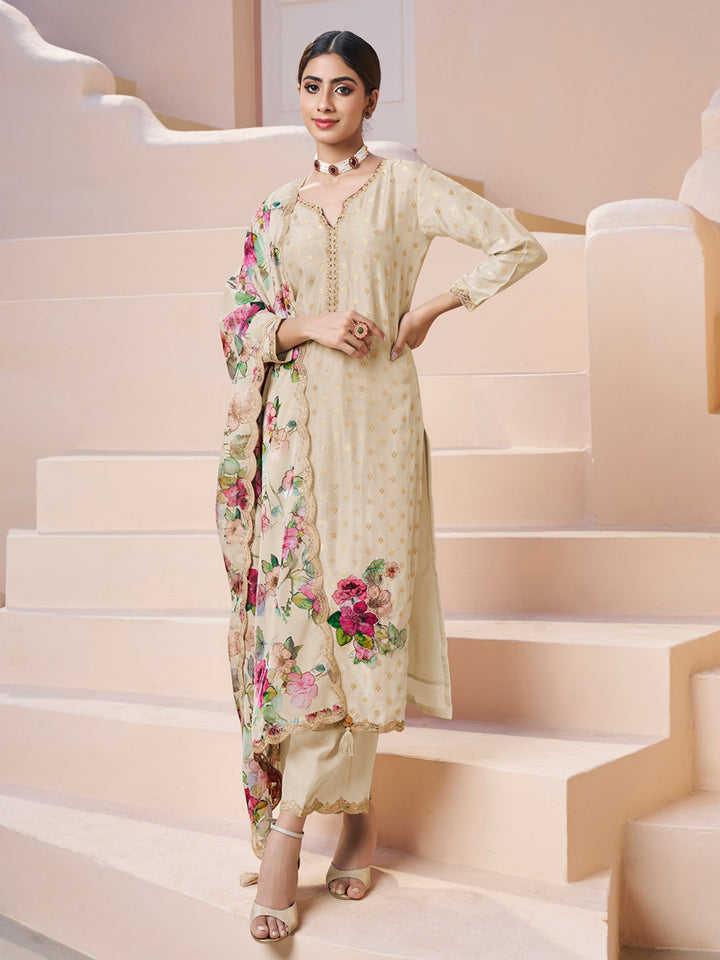 Cream Applique Jacquard Kurta with Floral Print Dupatta Product vendor